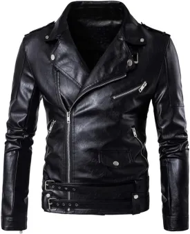PASOK Men's PU Leather Jacket Causal Belted Faux Leather Motorcycle Jacket Zipper Biker Coat