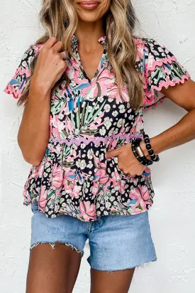 Pink Ricrac Floral Tiered Short Sleeve Blouse