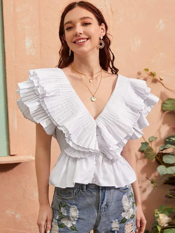 Plunging Layered Pleated Peplum Blouse