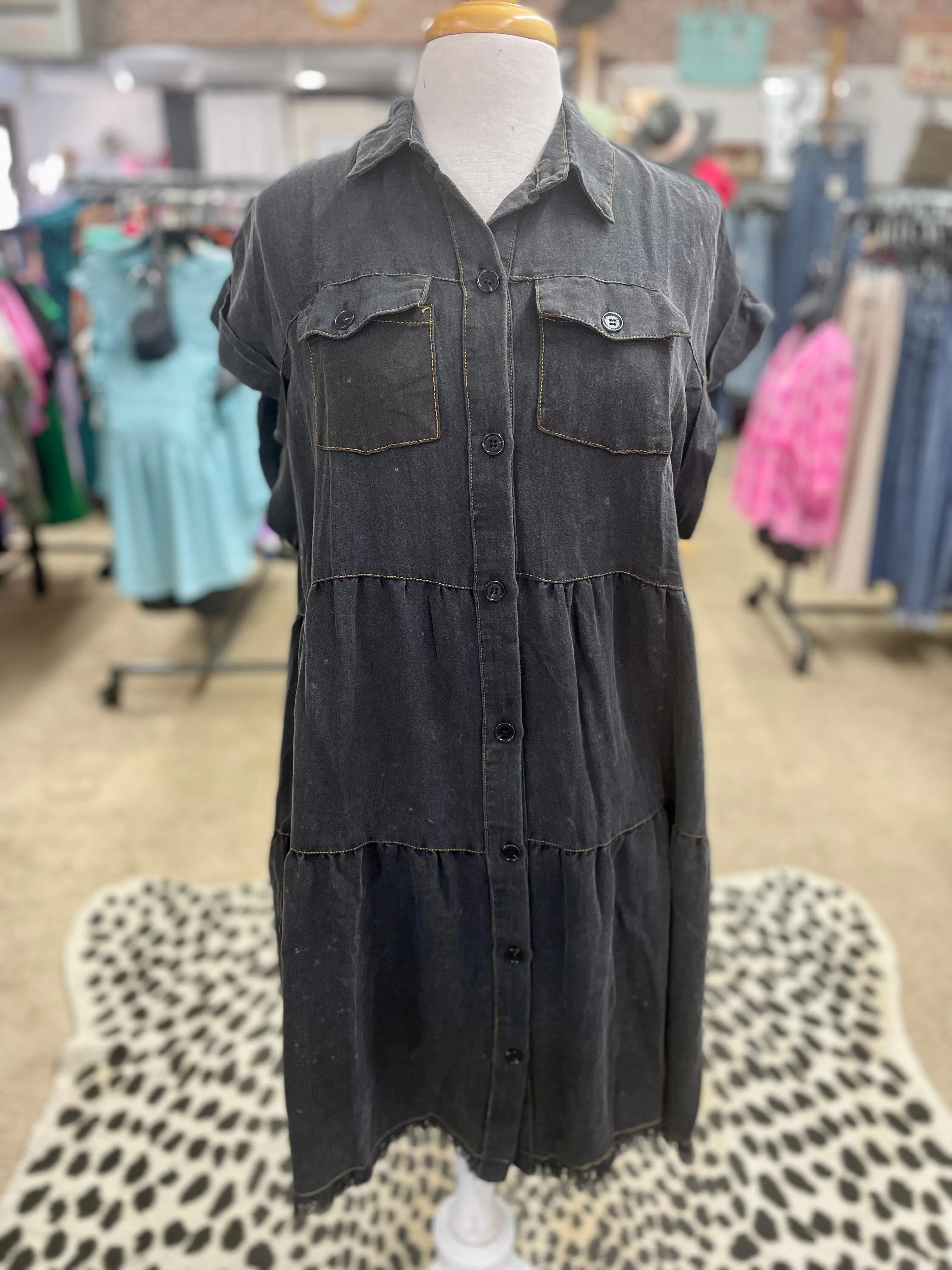 Plus Faded Black Tiered Button Up Dress