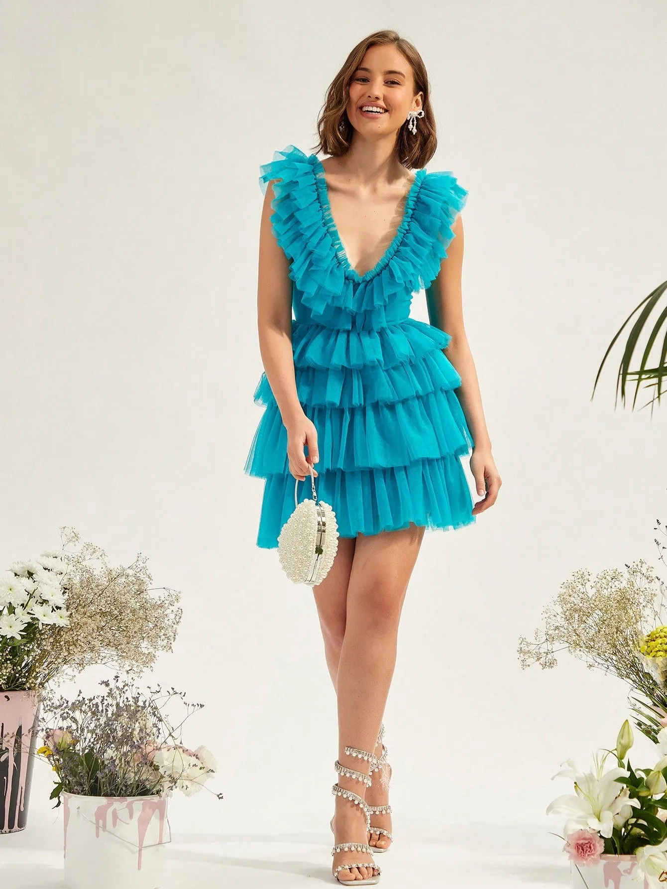 Ruffle Trim Mesh Overlay Dress