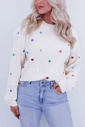 Sequin Heart Waffle Knit Sweater