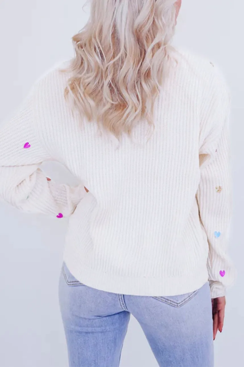 Sequin Heart Waffle Knit Sweater