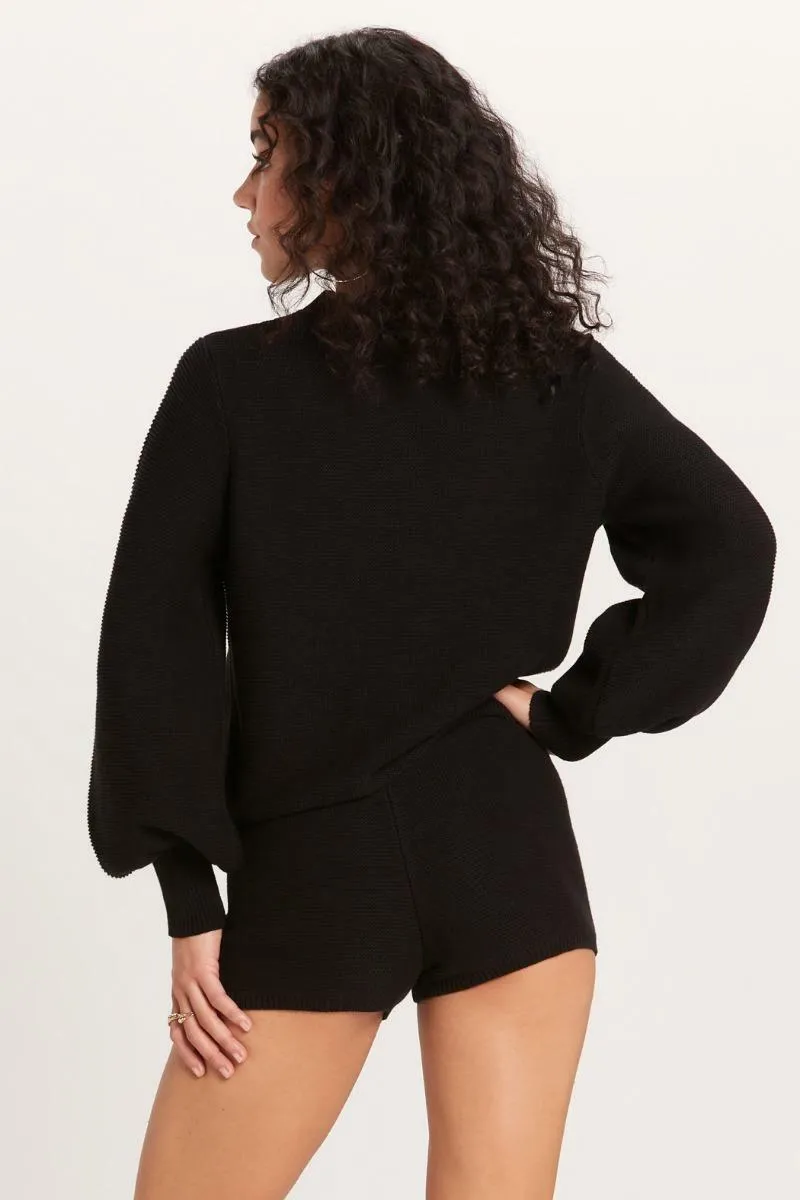 Snuggle Up Black Waffle Knit Balloon Sleeve Sweater