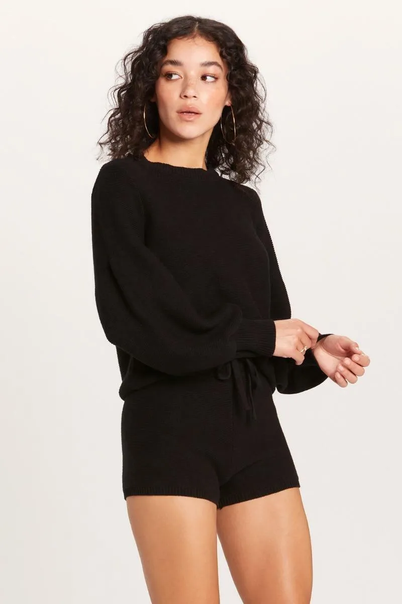 Snuggle Up Black Waffle Knit Balloon Sleeve Sweater