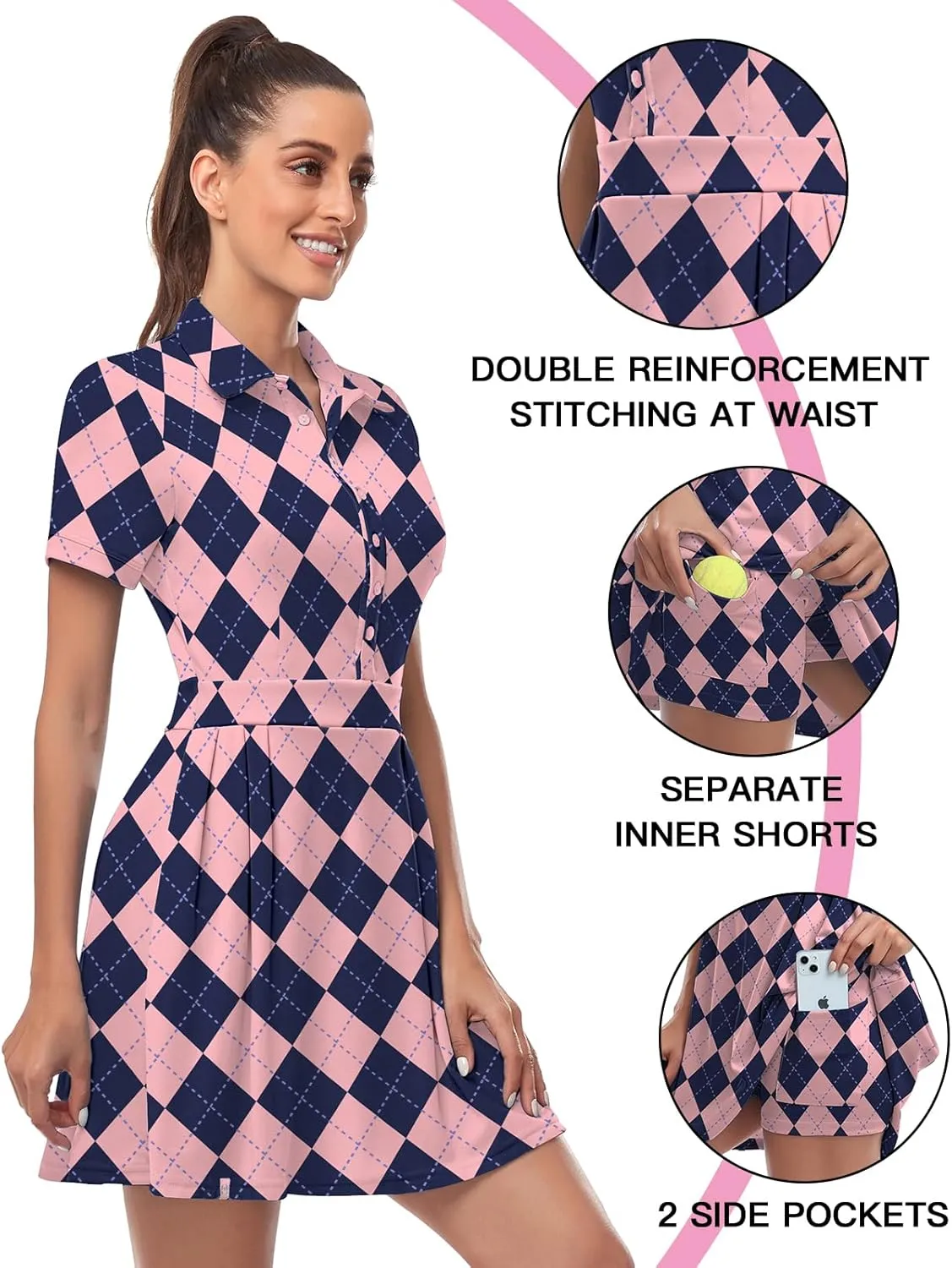 Soneven Women Polo Golf Tennis Dress Built in Shorts Short Sleeve Workout Athletic Pleated Dresses with Pockets