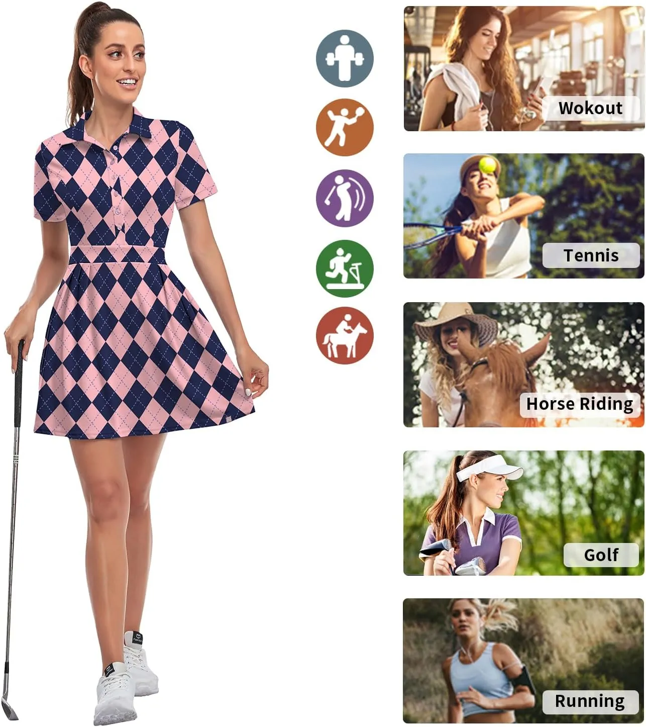 Soneven Women Polo Golf Tennis Dress Built in Shorts Short Sleeve Workout Athletic Pleated Dresses with Pockets