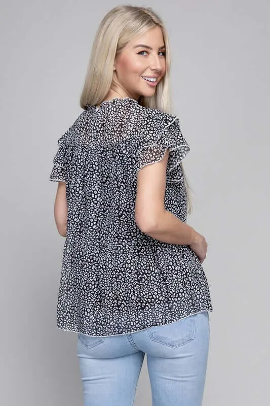 Stylish Tiered Chiffon Blouse in Leopard Print