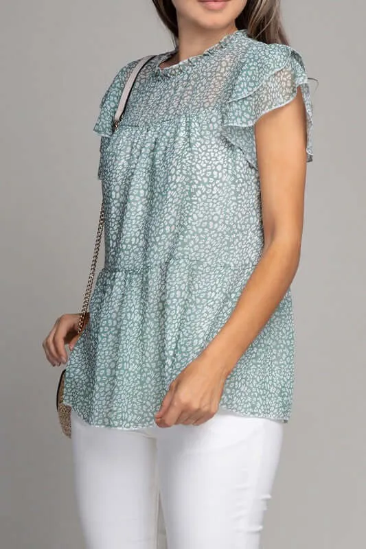 Stylish Tiered Chiffon Blouse in Leopard Print