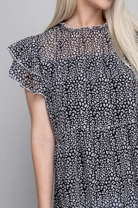 Stylish Tiered Chiffon Blouse in Leopard Print