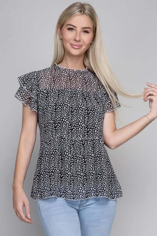 Stylish Tiered Chiffon Blouse in Leopard Print
