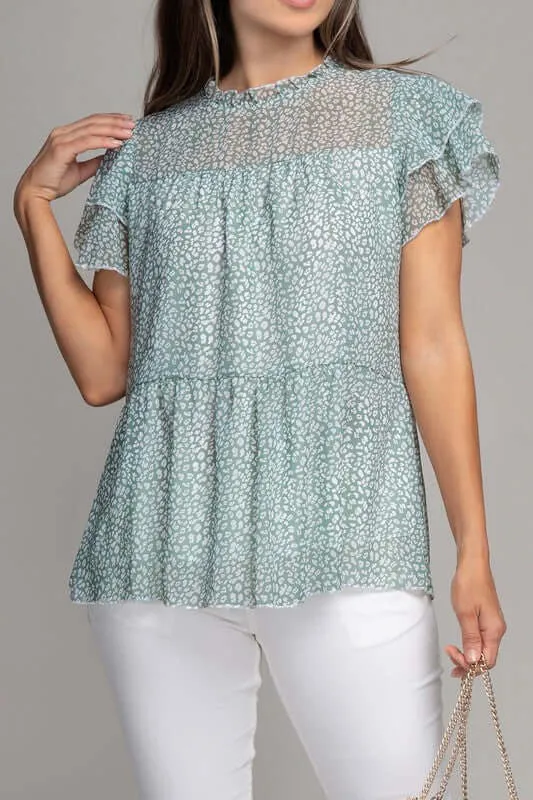 Stylish Tiered Chiffon Blouse in Leopard Print