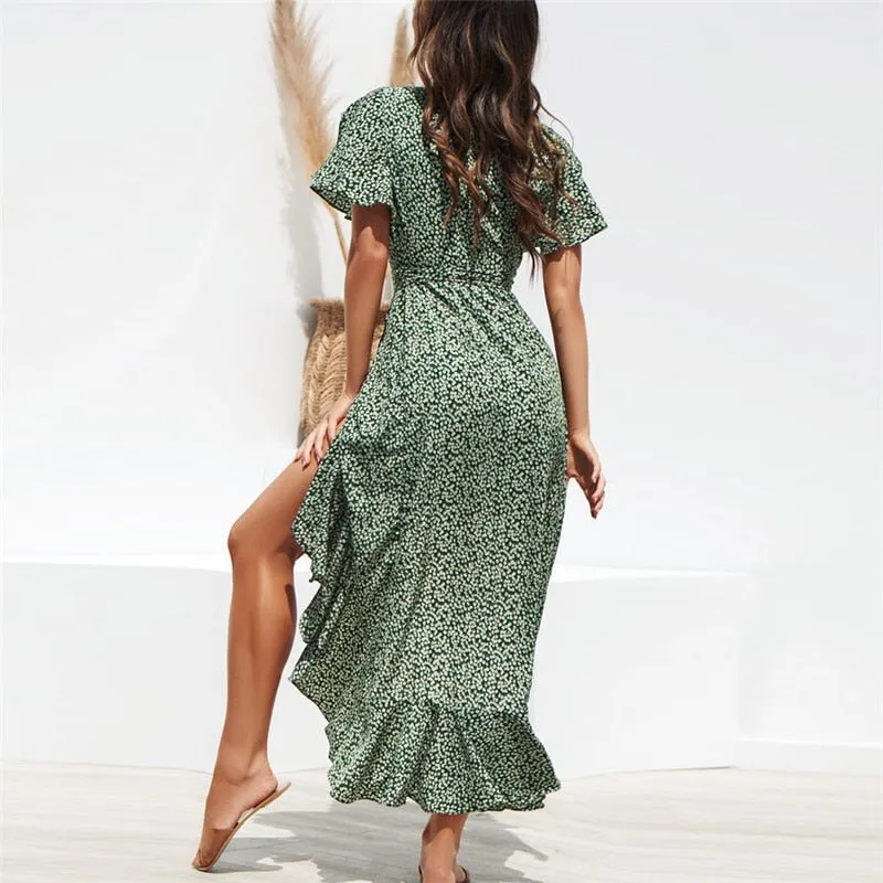 Summer Beach Maxi Dress Women Floral Print Boho Long Chiffon Dress