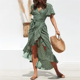 Summer Beach Maxi Dress Women Floral Print Boho Long Chiffon Dress