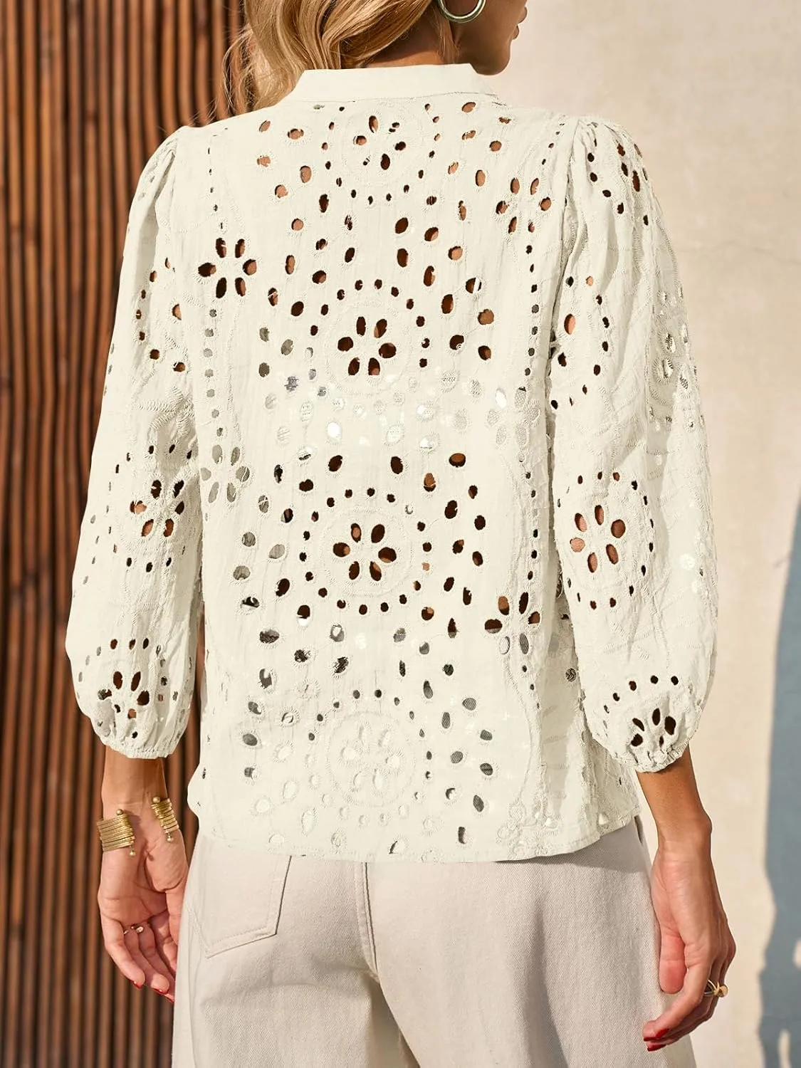 Tankaneo Womens Deep V Neck Eyelet Blouses Tops Dressy Casual 3/4 Balloon Sleeve Cotton Button Down Shirts