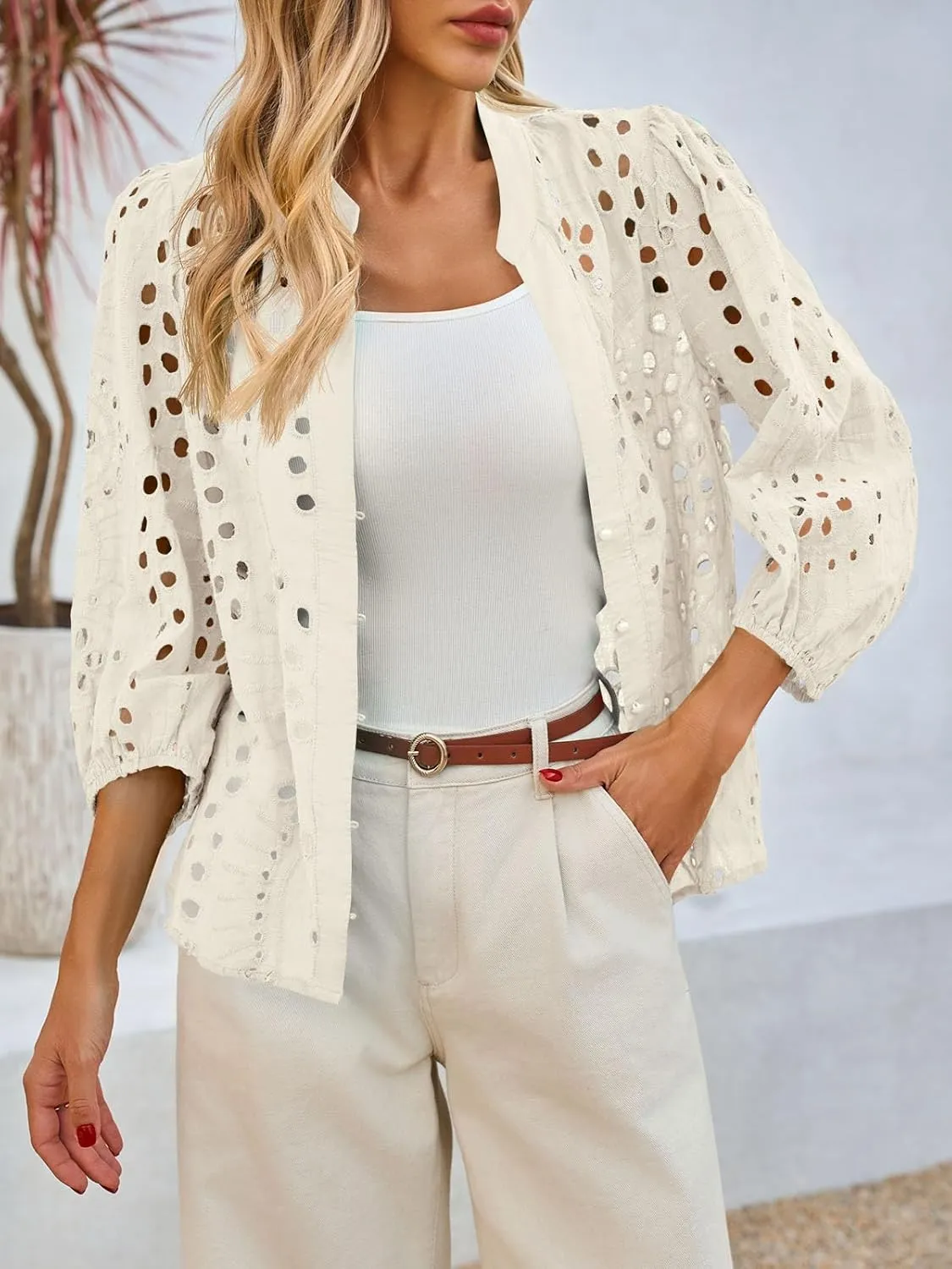 Tankaneo Womens Deep V Neck Eyelet Blouses Tops Dressy Casual 3/4 Balloon Sleeve Cotton Button Down Shirts