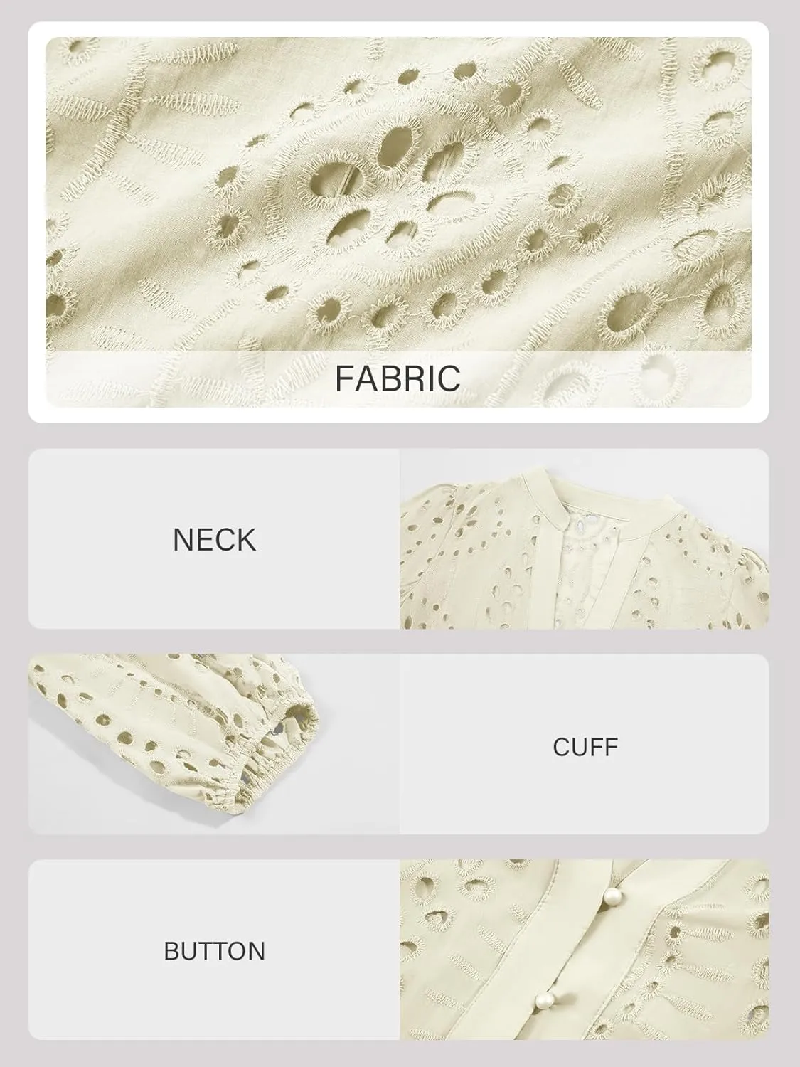 Tankaneo Womens Deep V Neck Eyelet Blouses Tops Dressy Casual 3/4 Balloon Sleeve Cotton Button Down Shirts