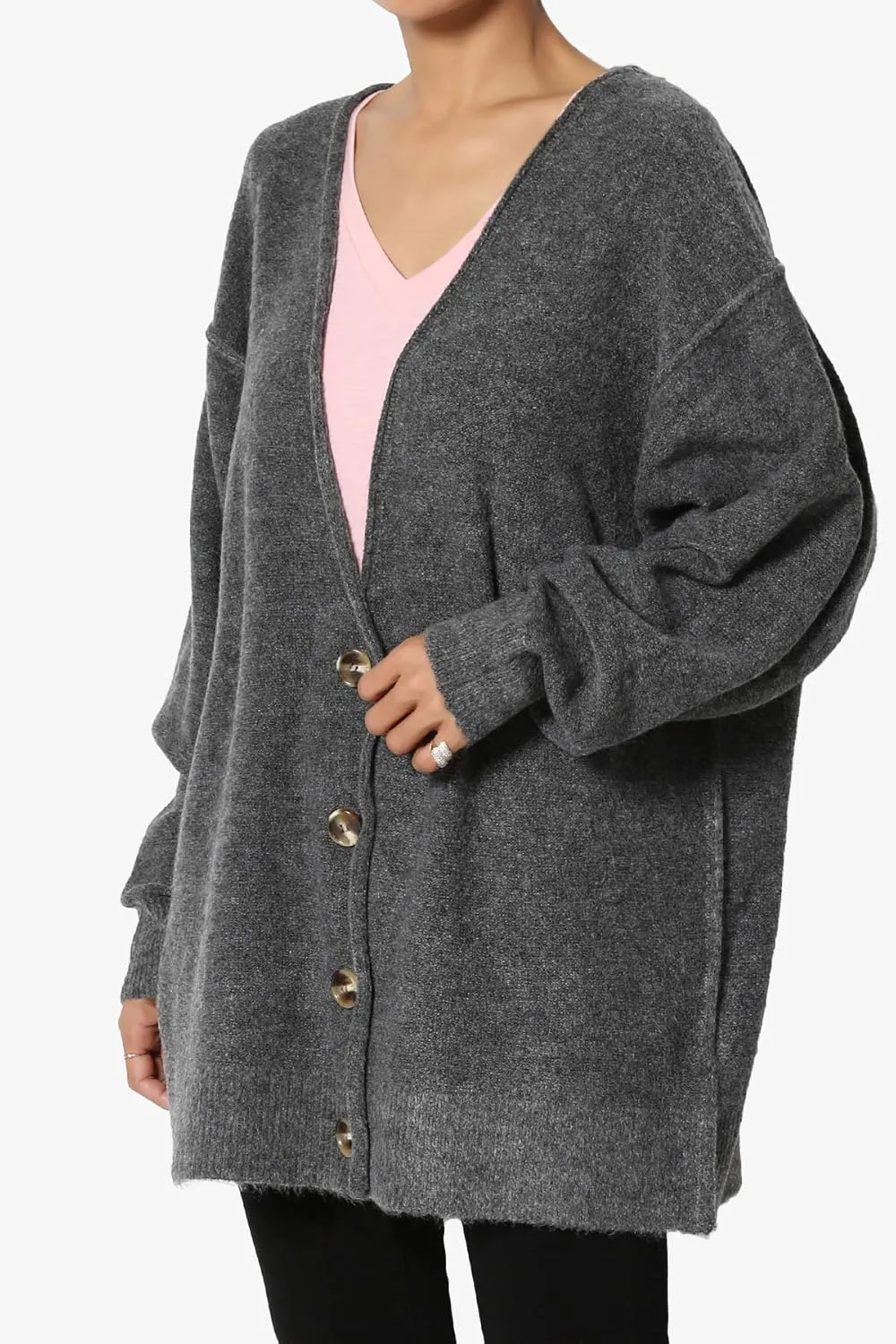 TheMogan S~3X Loose Button Front Long Sleeve Melange Color Knit Cardigan Sweater