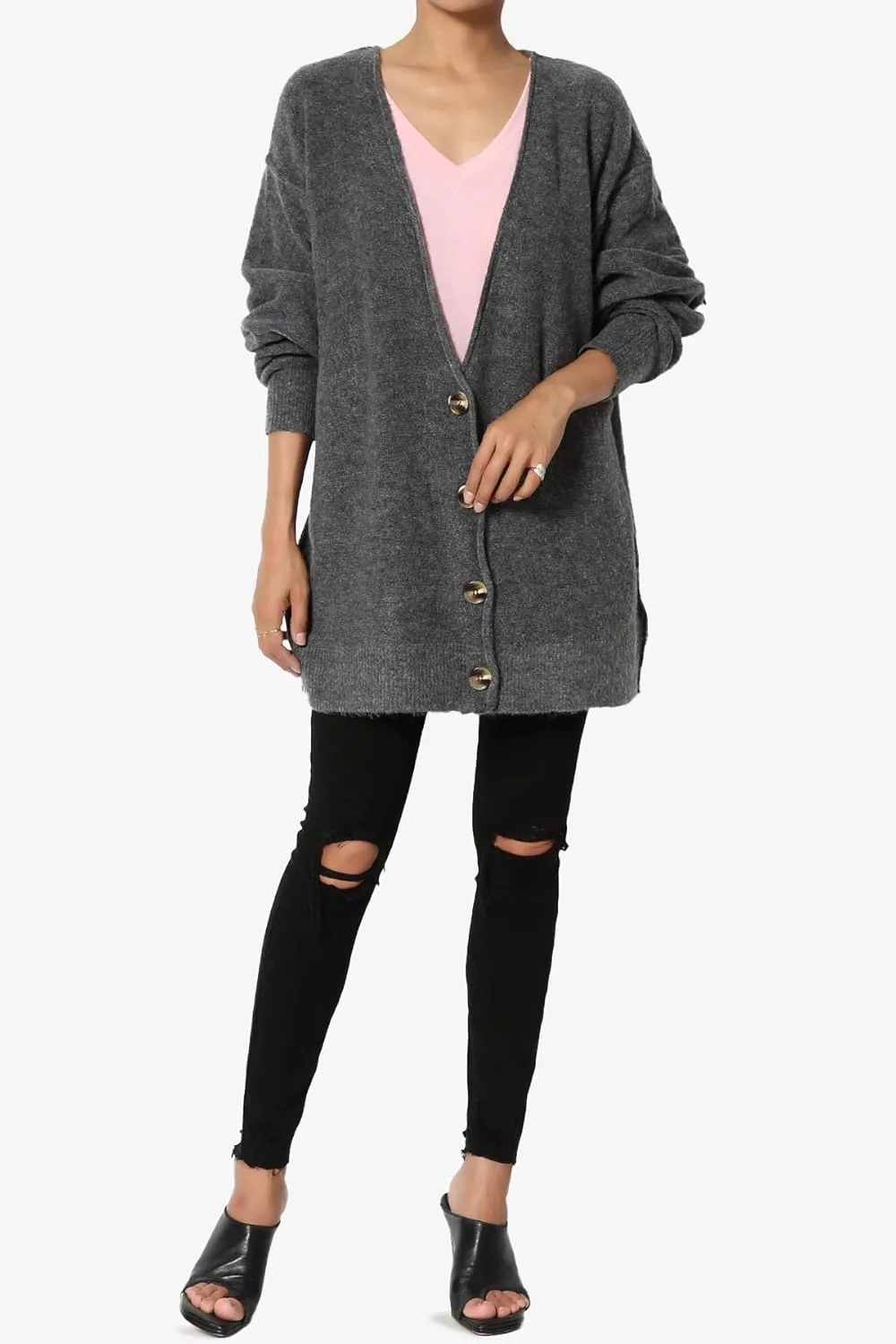 TheMogan S~3X Loose Button Front Long Sleeve Melange Color Knit Cardigan Sweater