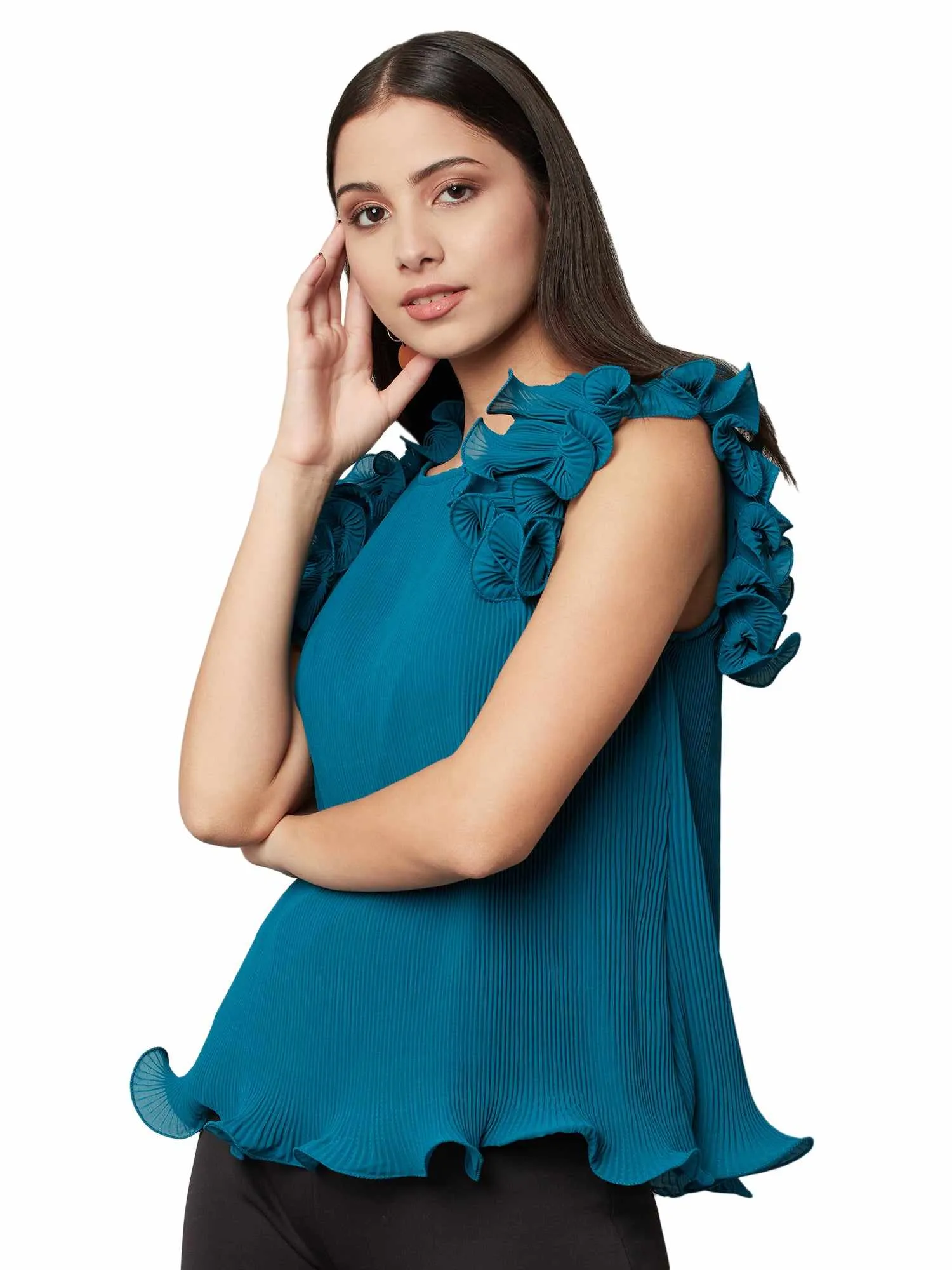 Tinny Teal Dramatic Sleeve Top