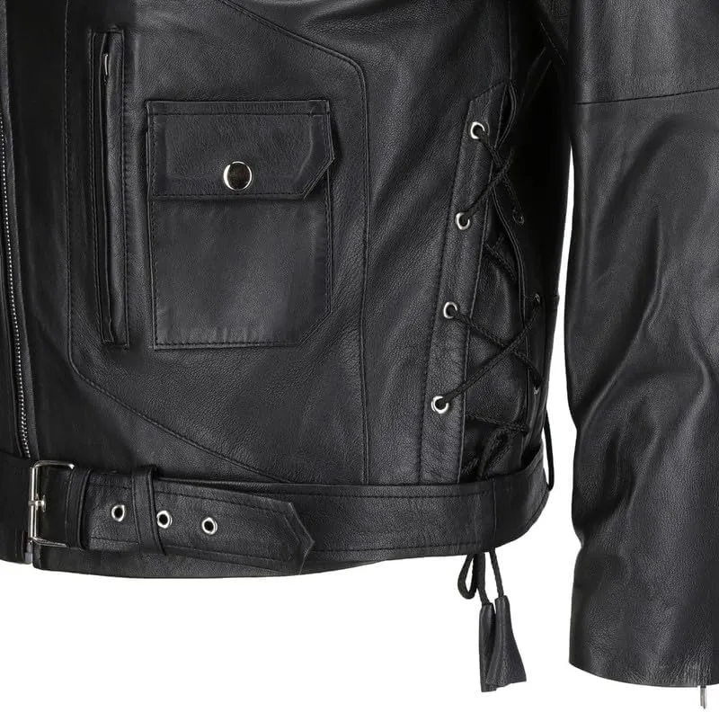 TLC leather biker jacket men - Black men's biker jacket with Notch Lapel Collar and Zipper Cuff