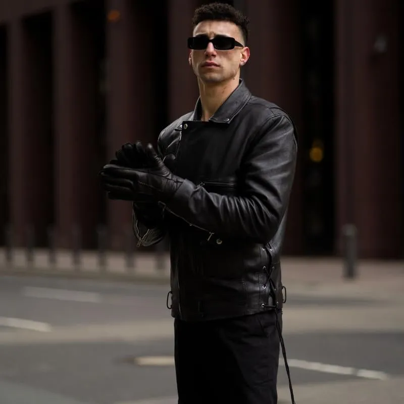 TLC leather biker jacket men - Black men's biker jacket with Notch Lapel Collar and Zipper Cuff