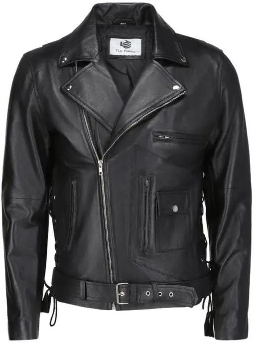 TLC leather biker jacket men - Black men's biker jacket with Notch Lapel Collar and Zipper Cuff