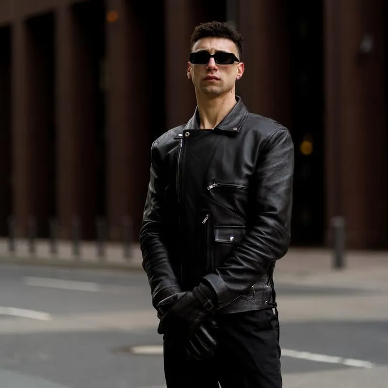 TLC leather biker jacket men - Black men's biker jacket with Notch Lapel Collar and Zipper Cuff