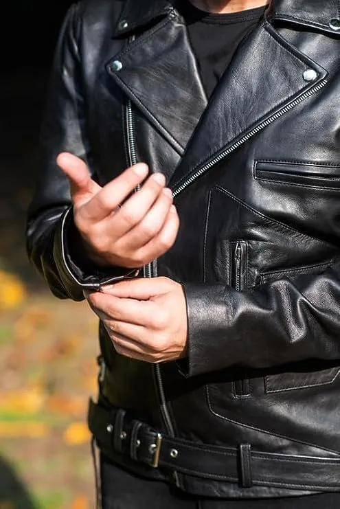 TLC leather biker jacket men - Black men's biker jacket with Notch Lapel Collar and Zipper Cuff
