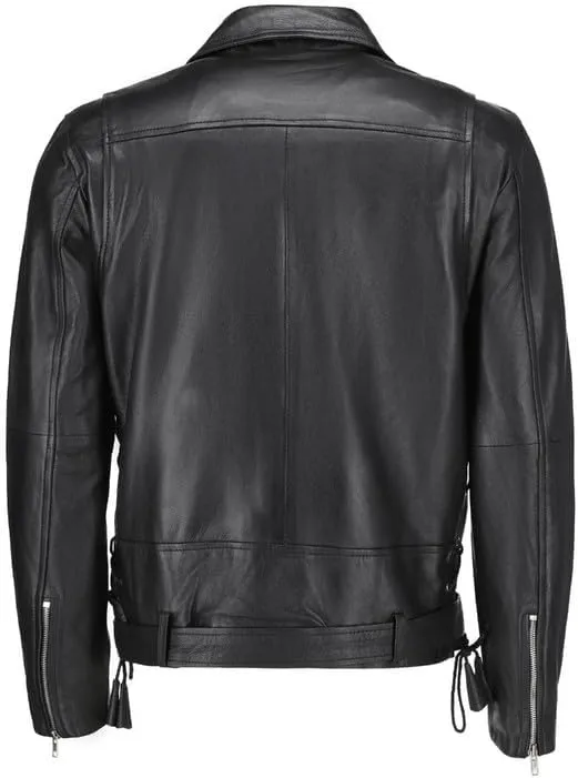 TLC leather biker jacket men - Black men's biker jacket with Notch Lapel Collar and Zipper Cuff