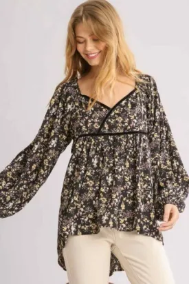 Umgee Full Size Floral Print Velvet Trimmed Balloon Sleeve Top
