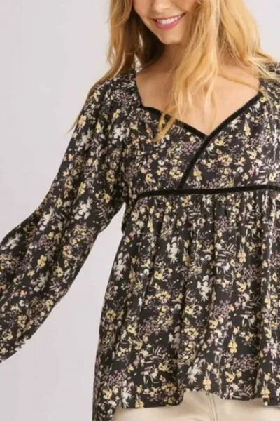 Umgee Full Size Floral Print Velvet Trimmed Balloon Sleeve Top