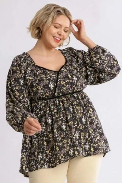 Umgee Full Size Floral Print Velvet Trimmed Balloon Sleeve Top