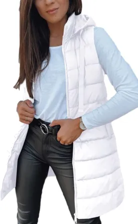 Veatzaer Women Long Vest Solid Color Sleeveless Hood Winter Puffer Vest Outwear