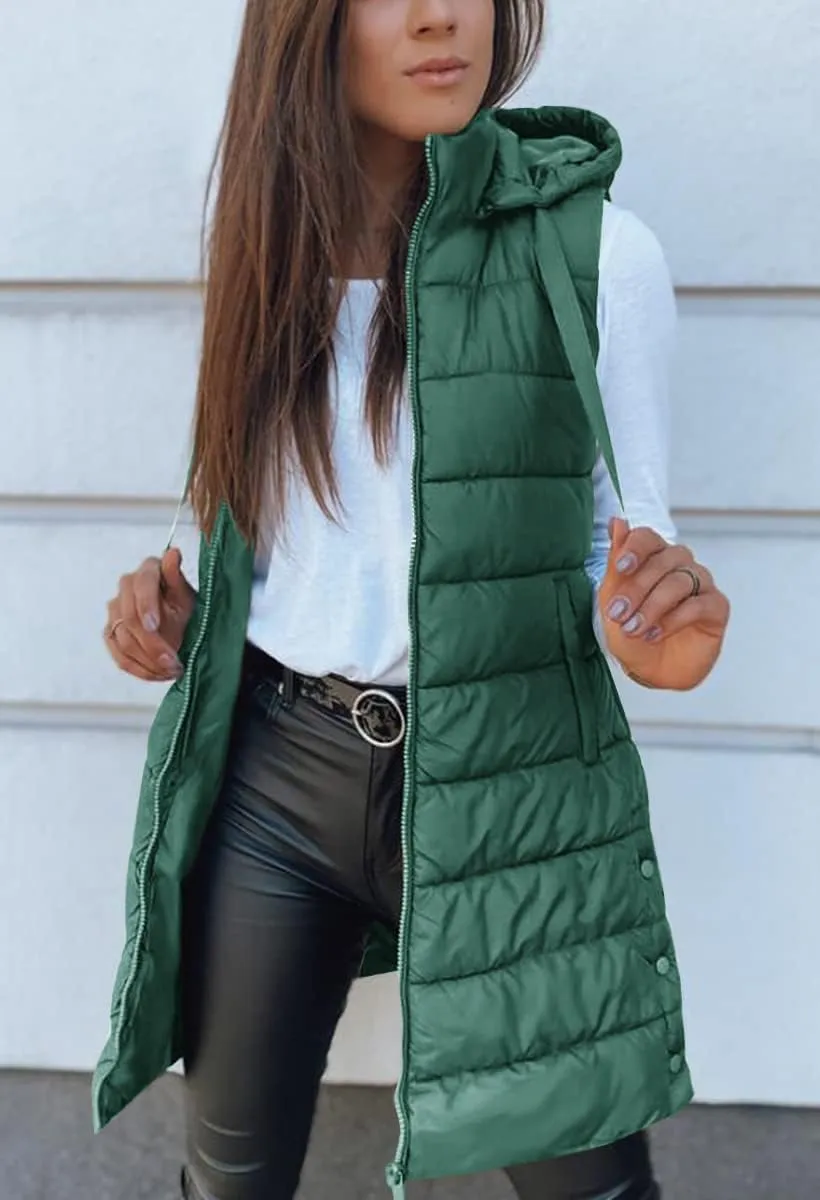 Veatzaer Women Long Vest Solid Color Sleeveless Hood Winter Puffer Vest Outwear