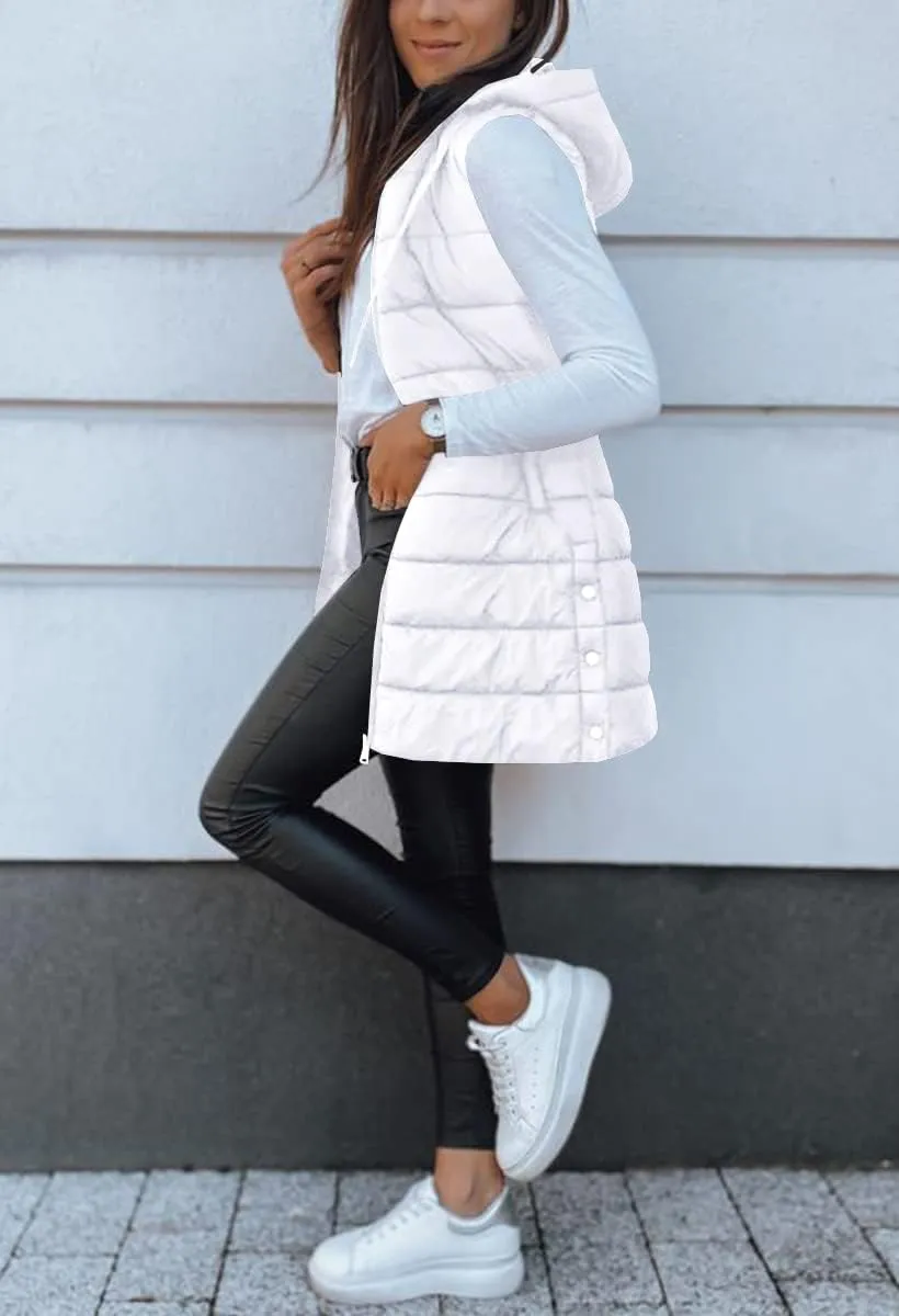 Veatzaer Women Long Vest Solid Color Sleeveless Hood Winter Puffer Vest Outwear