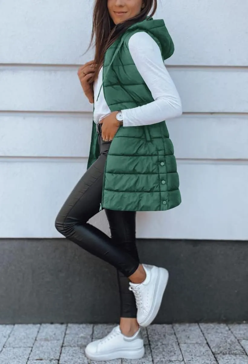 Veatzaer Women Long Vest Solid Color Sleeveless Hood Winter Puffer Vest Outwear