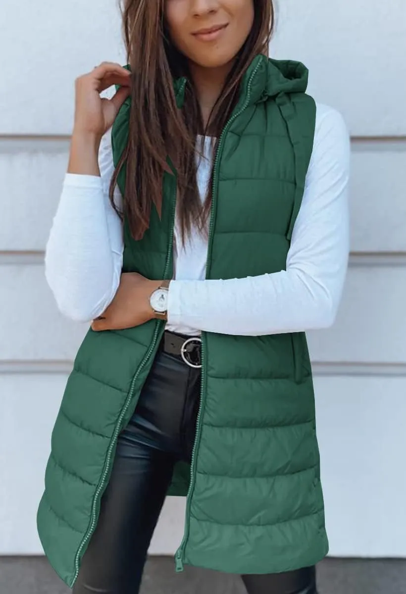 Veatzaer Women Long Vest Solid Color Sleeveless Hood Winter Puffer Vest Outwear
