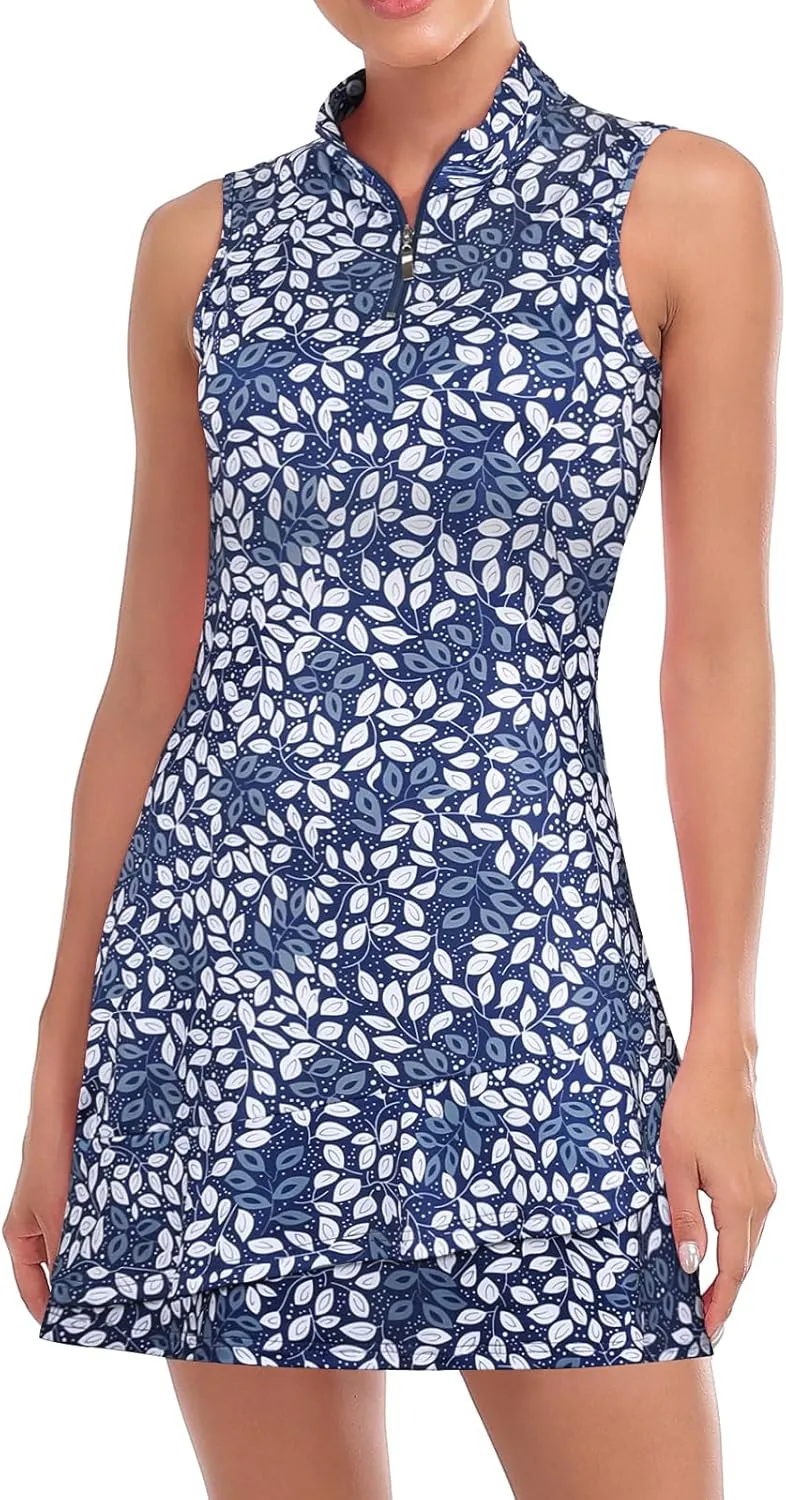 Viracy Tennis Dress for Women Sleeveless Golf Dresses with Shorts and Pockets Ruffle Zip Up Stand Collar Golf Outfits