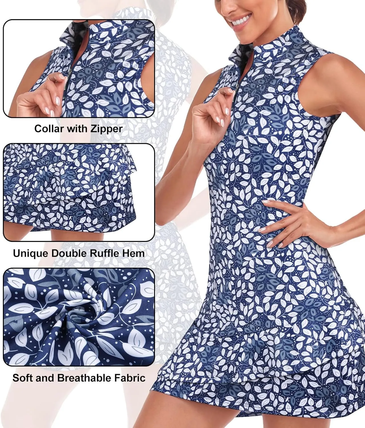 Viracy Tennis Dress for Women Sleeveless Golf Dresses with Shorts and Pockets Ruffle Zip Up Stand Collar Golf Outfits