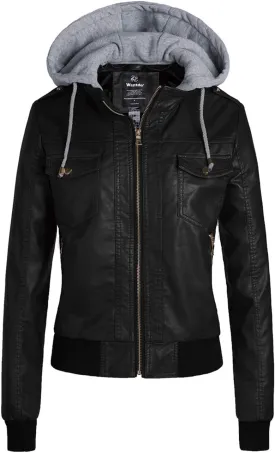 wantdo Women's Lightweight Leather Jacket Casual Motorcycle PU Biker Coat with Removable Hood