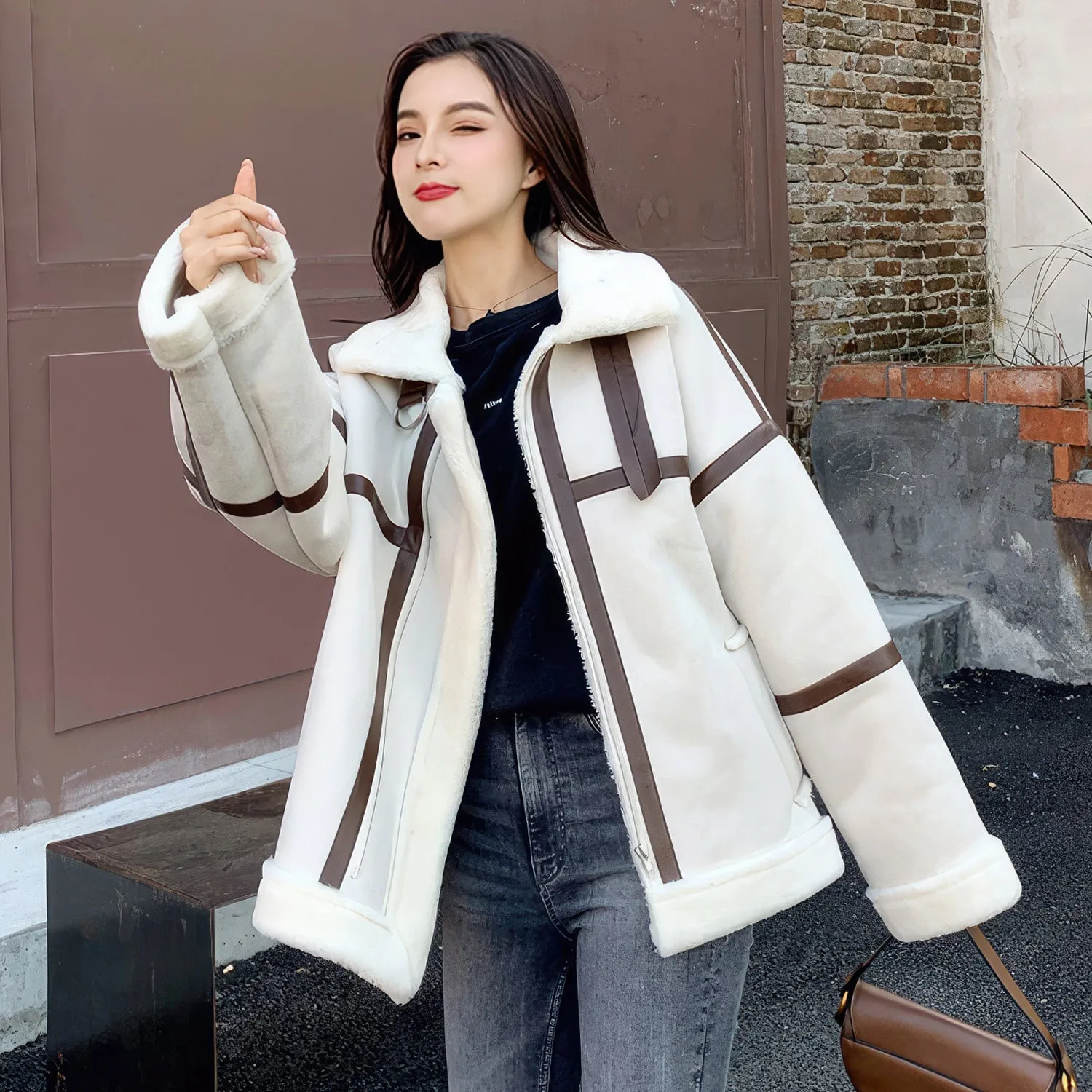 Women’s Off-White Genuine Suede Sherpa Shearling Faux Fur Lined Brown Strips Loose Oversized Motorcycle Racer Leather Jacket