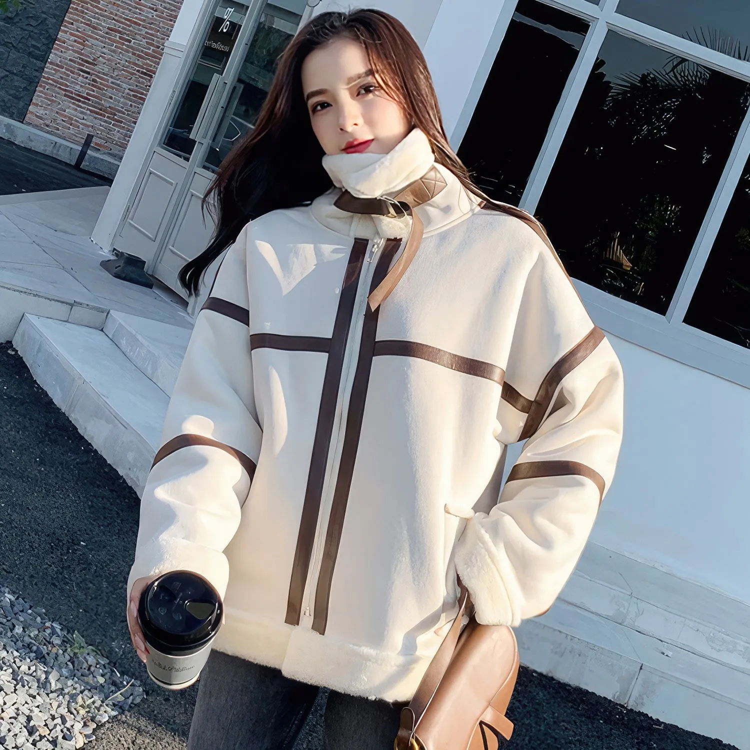 Women’s Off-White Genuine Suede Sherpa Shearling Faux Fur Lined Brown Strips Loose Oversized Motorcycle Racer Leather Jacket