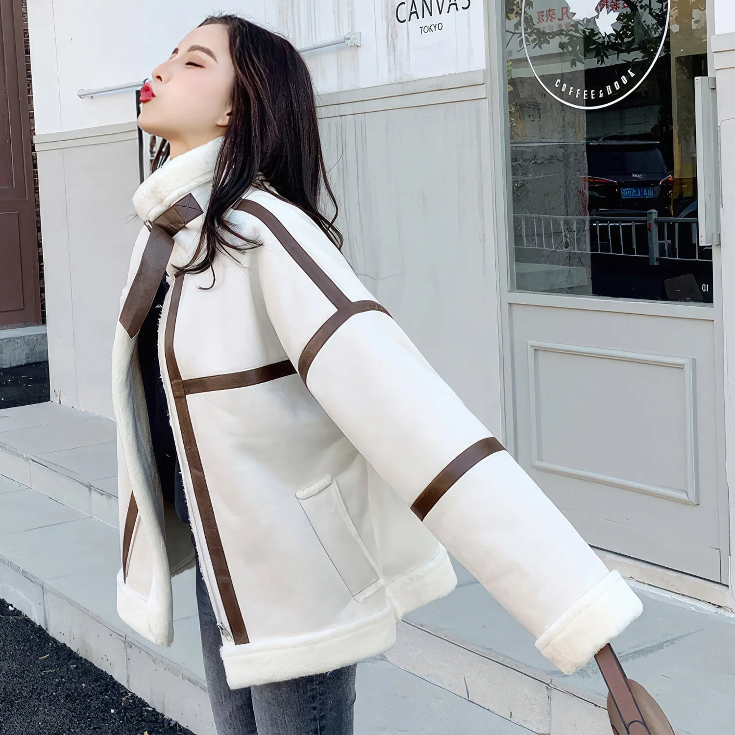 Women’s Off-White Genuine Suede Sherpa Shearling Faux Fur Lined Brown Strips Loose Oversized Motorcycle Racer Leather Jacket