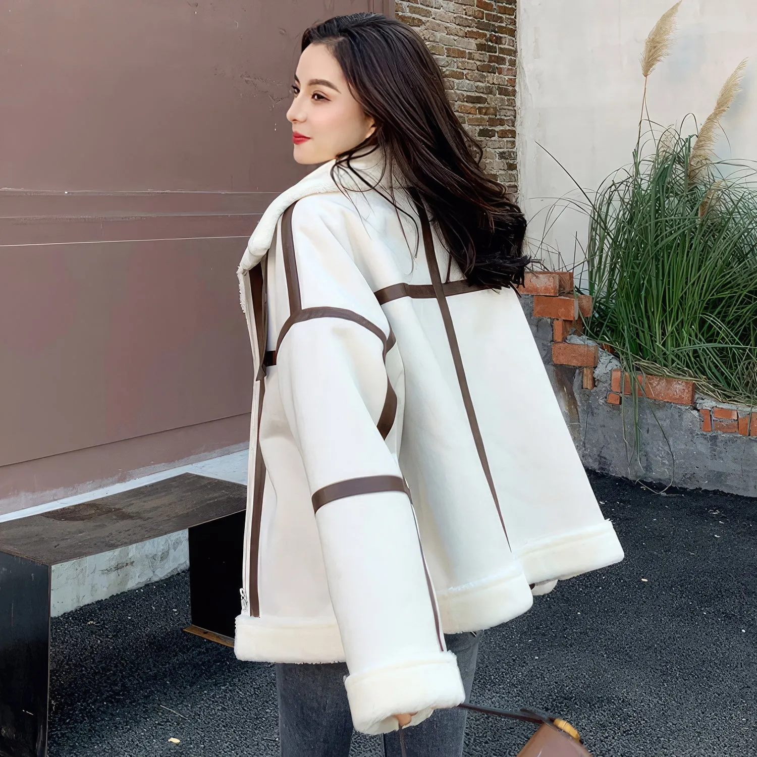 Women’s Off-White Genuine Suede Sherpa Shearling Faux Fur Lined Brown Strips Loose Oversized Motorcycle Racer Leather Jacket