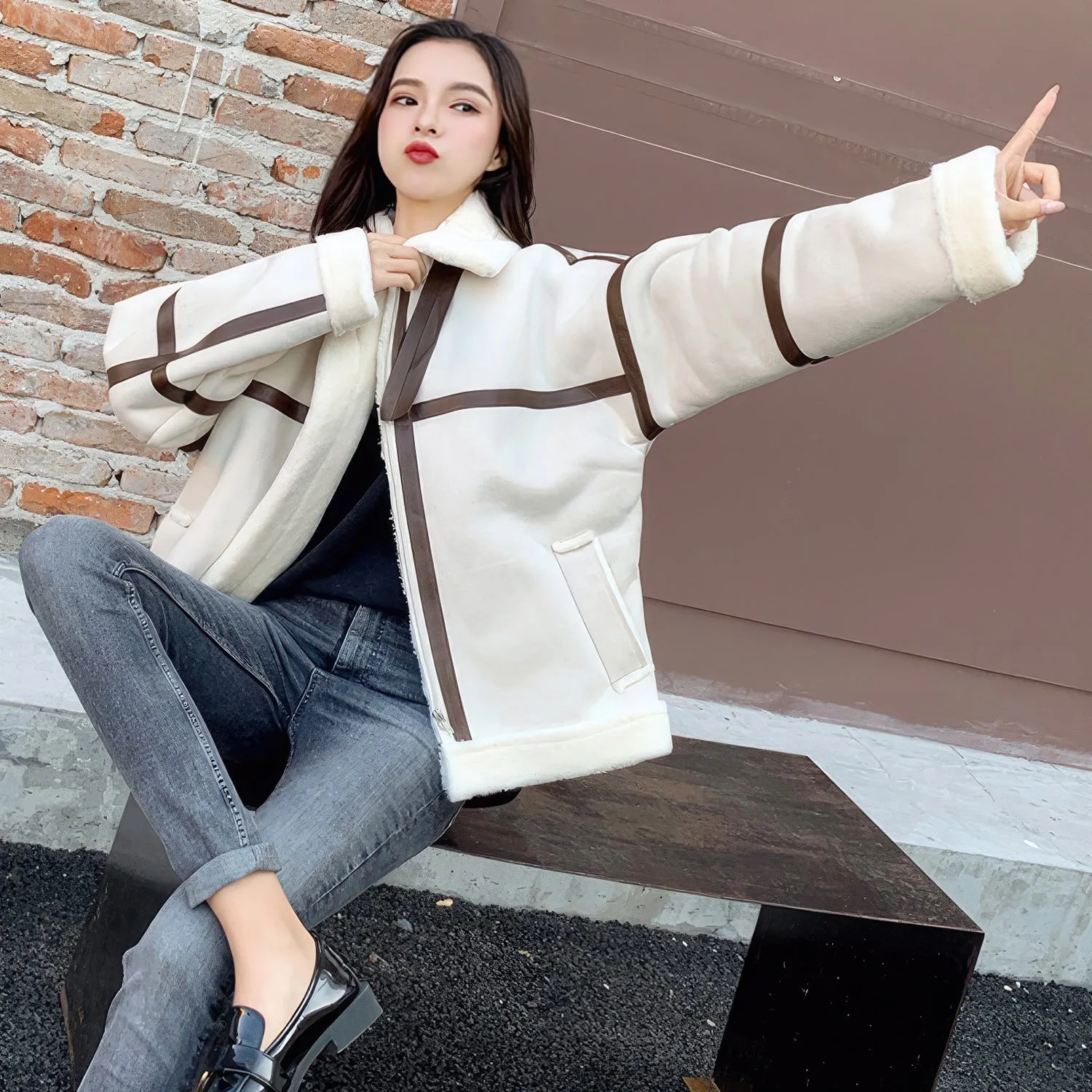 Women’s Off-White Genuine Suede Sherpa Shearling Faux Fur Lined Brown Strips Loose Oversized Motorcycle Racer Leather Jacket