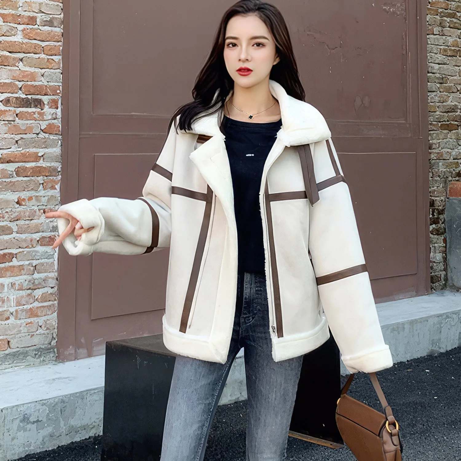 Women’s Off-White Genuine Suede Sherpa Shearling Faux Fur Lined Brown Strips Loose Oversized Motorcycle Racer Leather Jacket