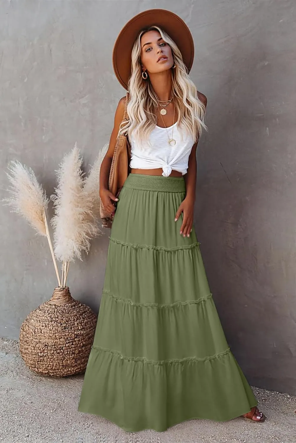Womens Summer Boho Maxi Skirts Smocked High Wasited Flowy Tiered Ruffle A Line Long Beach Skirt