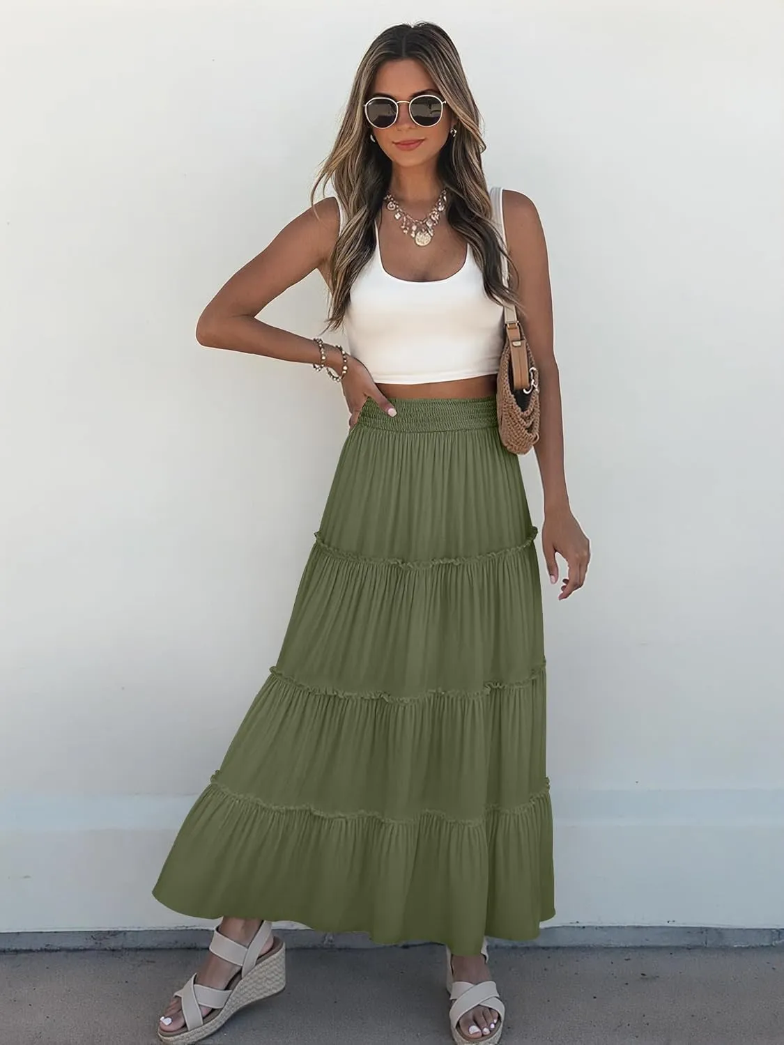 Womens Summer Boho Maxi Skirts Smocked High Wasited Flowy Tiered Ruffle A Line Long Beach Skirt