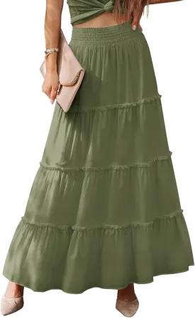 Womens Summer Boho Maxi Skirts Smocked High Wasited Flowy Tiered Ruffle A Line Long Beach Skirt